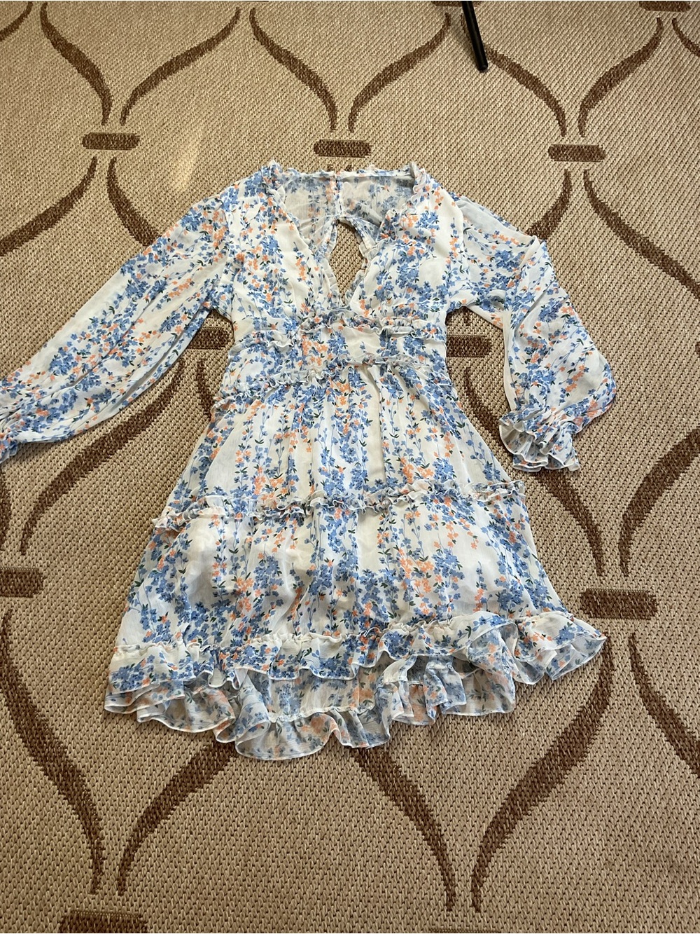 Floral Ruffle Mini Dress in Blue and Peach